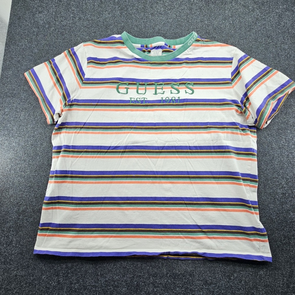 Vtage 90 Guess Sz XL Striped   Y2K Retro Spellout Embroidered Top Ss